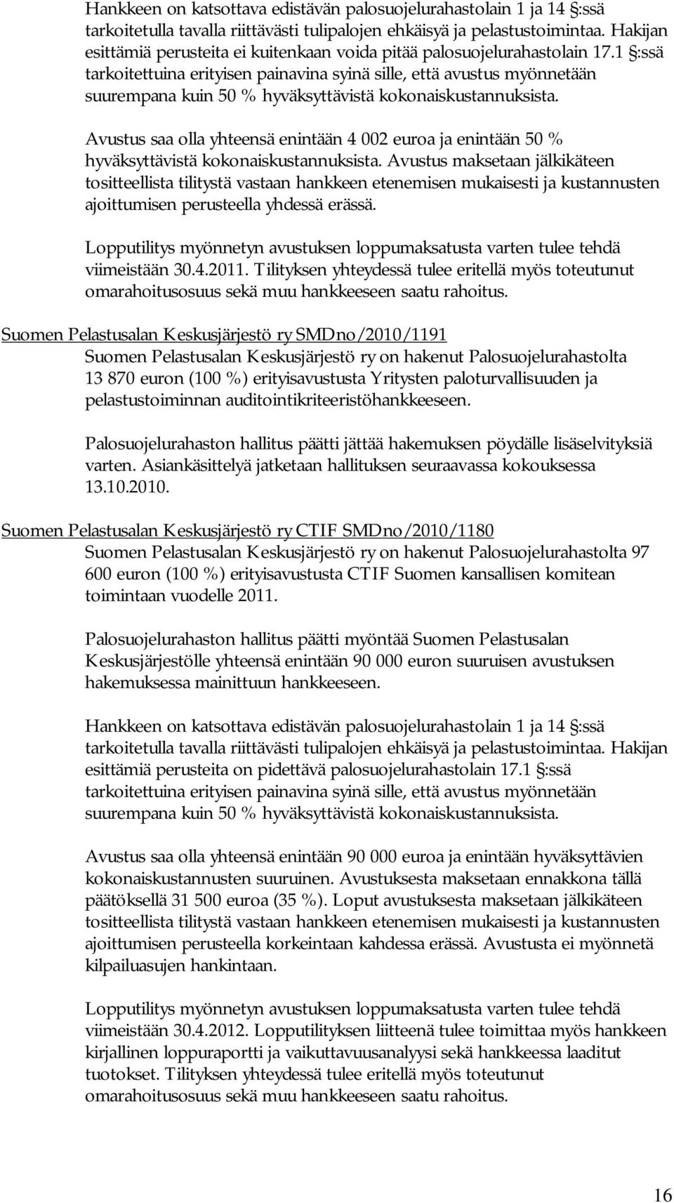 Suomen Pelastusalan Keskusjärjestö ry SMDno/2010/1191 Suomen Pelastusalan Keskusjärjestö ry on hakenut Palosuojelurahastolta 13 870 euron (100 %) erityisavustusta Yritysten paloturvallisuuden ja