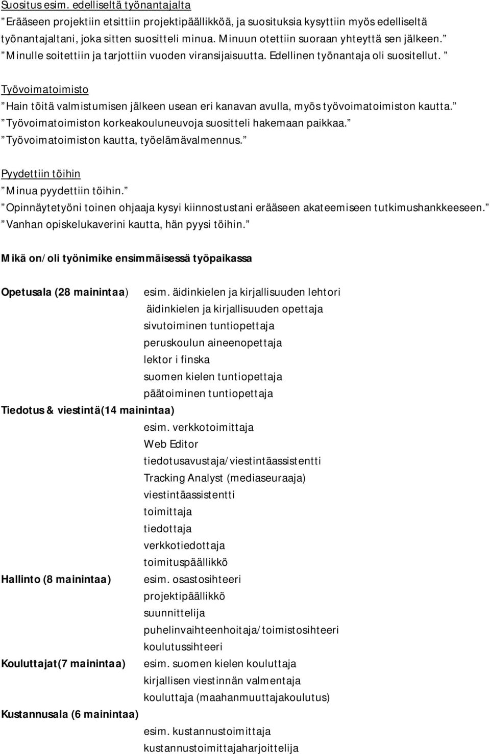 Työvoimatoimisto Hain töitä valmistumisen jälkeen usean eri kanavan avulla, myös työvoimatoimiston kautta. Työvoimatoimiston korkeakouluneuvoja suositteli hakemaan paikkaa.