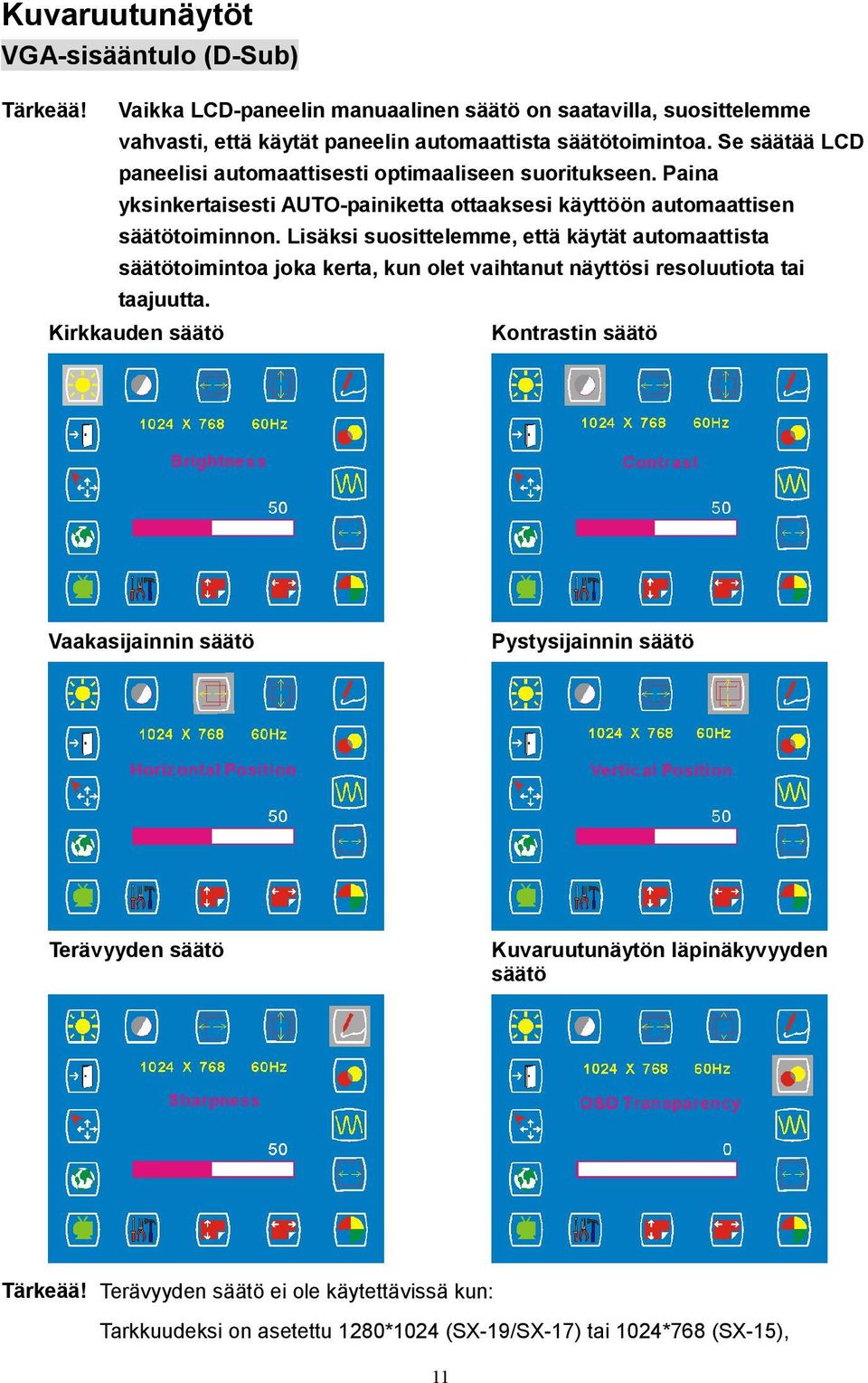 Lisäksi suosittelemme, että käytät automaattista säätötoimintoa joka kerta, kun olet vaihtanut näyttösi resoluutiota tai taajuutta.