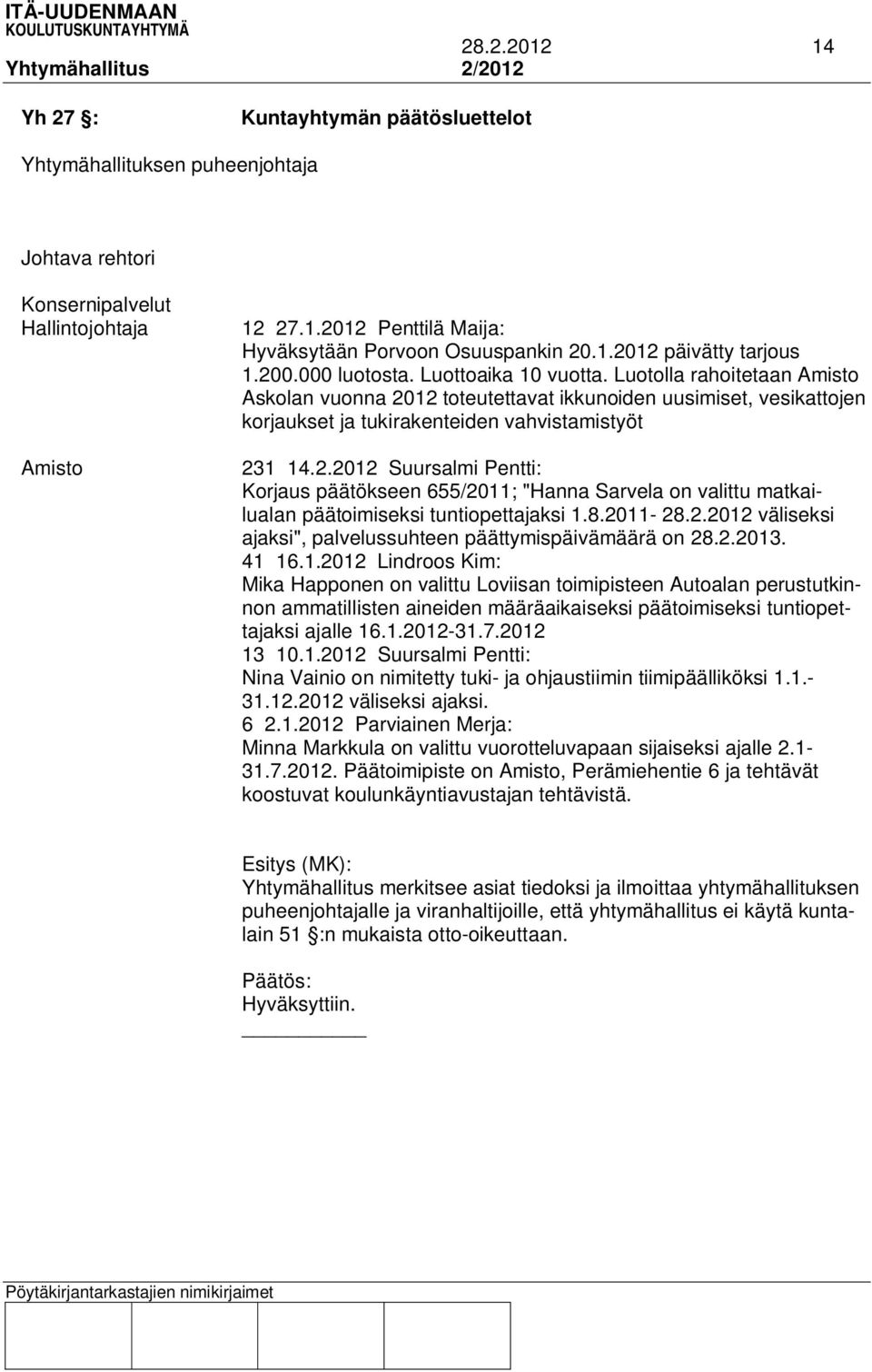 Luotolla rahoitetaan Amisto Askolan vuonna 2012 toteutettavat ikkunoiden uusimiset, vesikattojen korjaukset ja tukirakenteiden vahvistamistyöt 231 14.2.2012 Suursalmi Pentti: Korjaus päätökseen 655/2011; "Hanna Sarvela on valittu matkailualan päätoimiseksi tuntiopettajaksi 1.