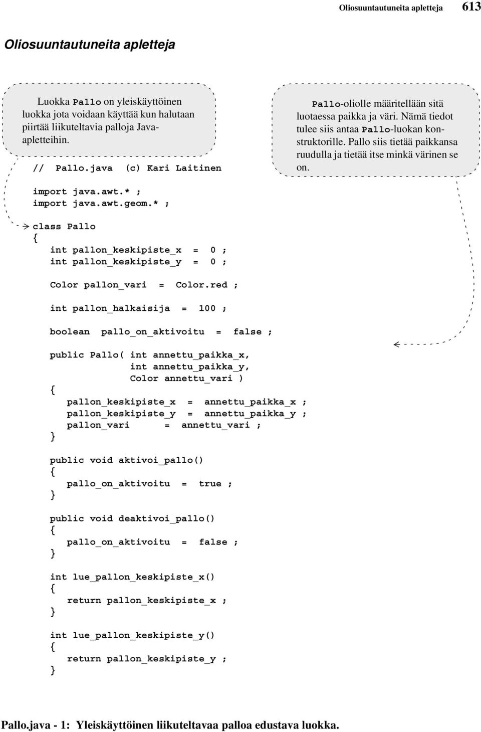 Pallo siis tietää paikkansa ruudulla ja tietää itse minkä värinen se on. import java.awt.* ; import java.awt.geom.