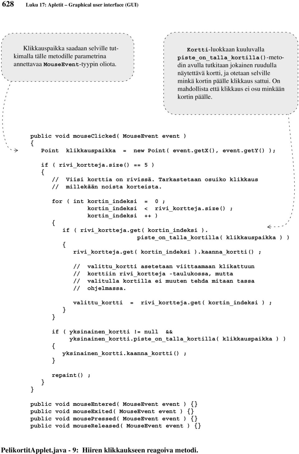 On mahdollista että klikkaus ei osu minkään kortin päälle. public void mouseclicked( MouseEvent event ) Point klikkauspaikka = new Point( event.getx(), event.gety() ); if ( rivi_kortteja.