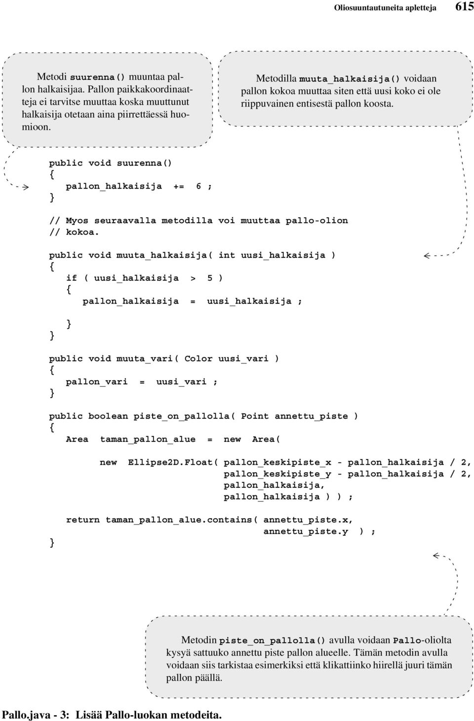 public void suurenna() pallon_halkaisija += 6 ; // Myos seuraavalla metodilla voi muuttaa pallo-olion // kokoa.