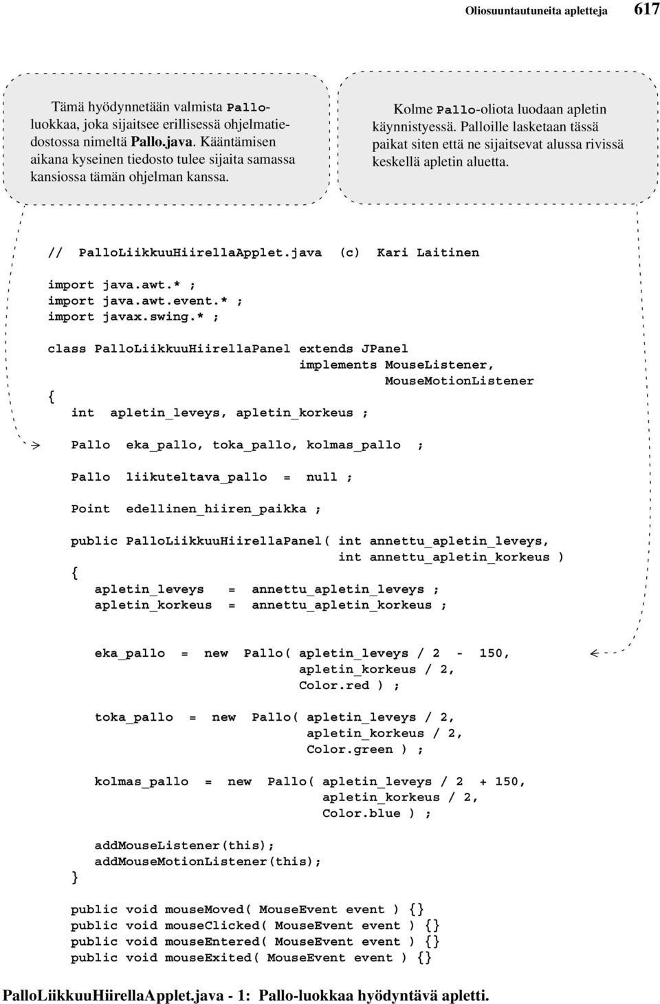 Palloille lasketaan tässä paikat siten että ne sijaitsevat alussa rivissä keskellä apletin aluetta. // PalloLiikkuuHiirellaApplet.java (c) Kari Laitinen import java.awt.* ; import java.awt.event.