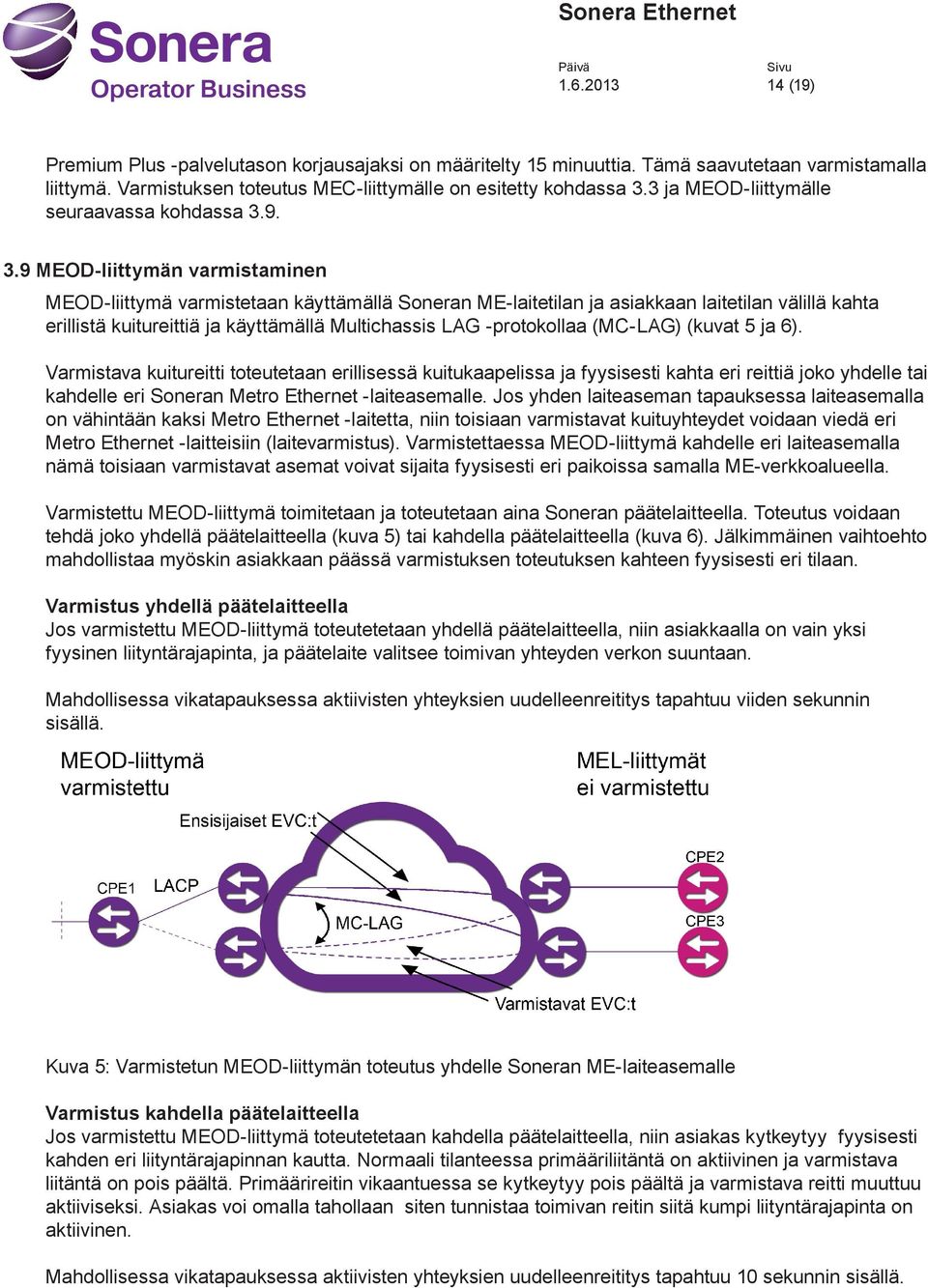 9. 3.9 MEOD-lttymän vrmstmnen MEOD-lttymä vrmstetn käyttämällä Sonern ME-ltetln j skkn ltetln välllä kht erllstä kuturettä j käyttämällä Multchsss LAG -protokoll (MC-LAG) (kuvt 5 j 6).