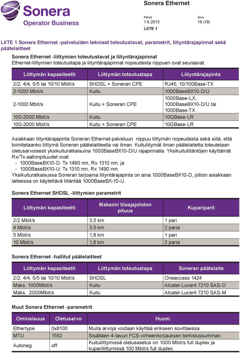 Lttymän kpsteett Lttymän toteutustp Ltyntärjpnt 2/2, 4/4, 5/5 t 10/10 Mbt/s SHDSL + Sonern CPE RJ45, 10/100Bse-TX 2-1000 Mbt/s Kutu 1000BseBX10-D/U 2-1000 Mbt/s Kutu + Sonern CPE 1000Bse-LX,