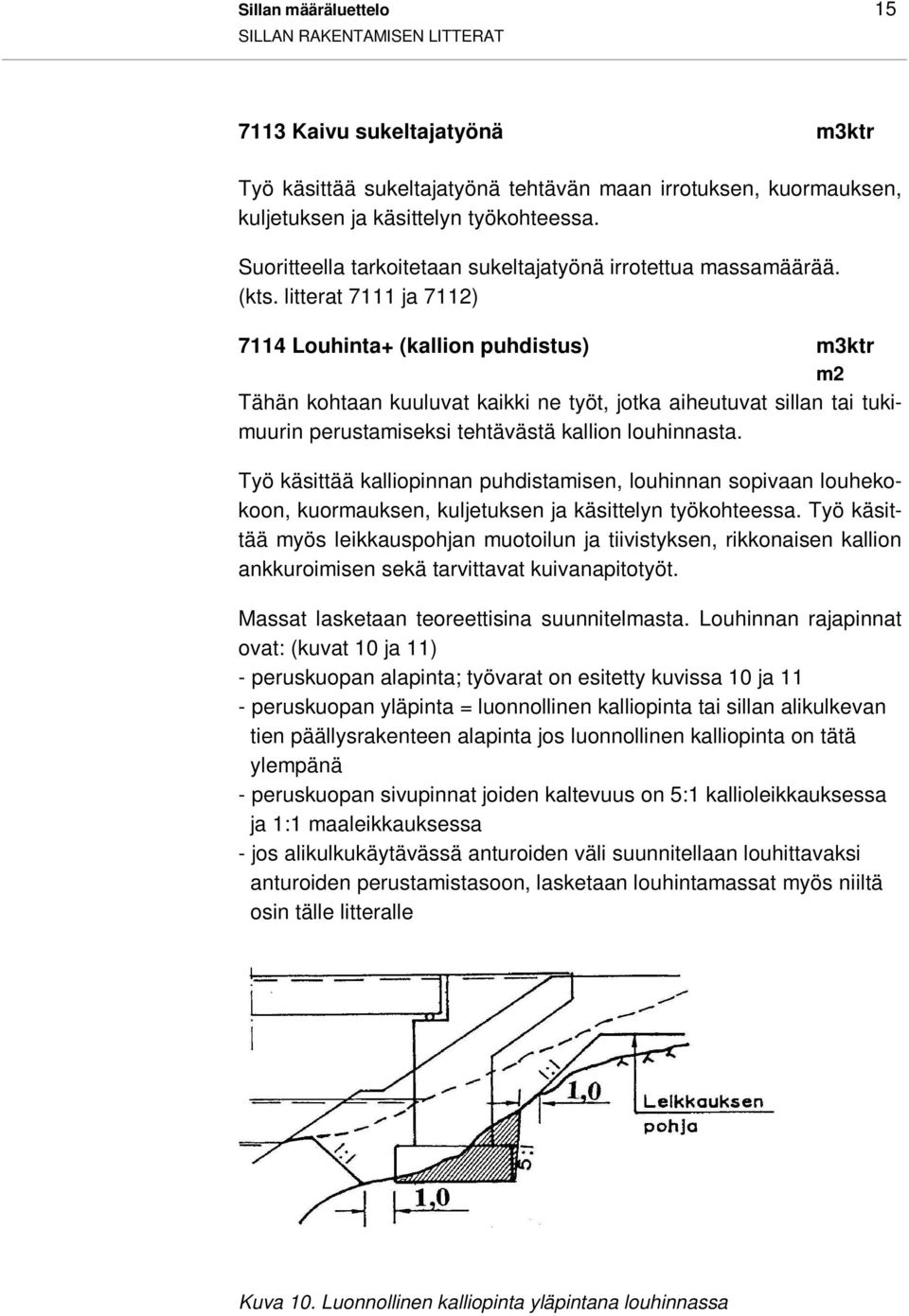 litterat 7111 ja 7112) 7114 Louhinta+ (kallion puhdistus) m3ktr m2 Tähän kohtaan kuuluvat kaikki ne työt, jotka aiheutuvat sillan tai tukimuurin perustamiseksi tehtävästä kallion louhinnasta.