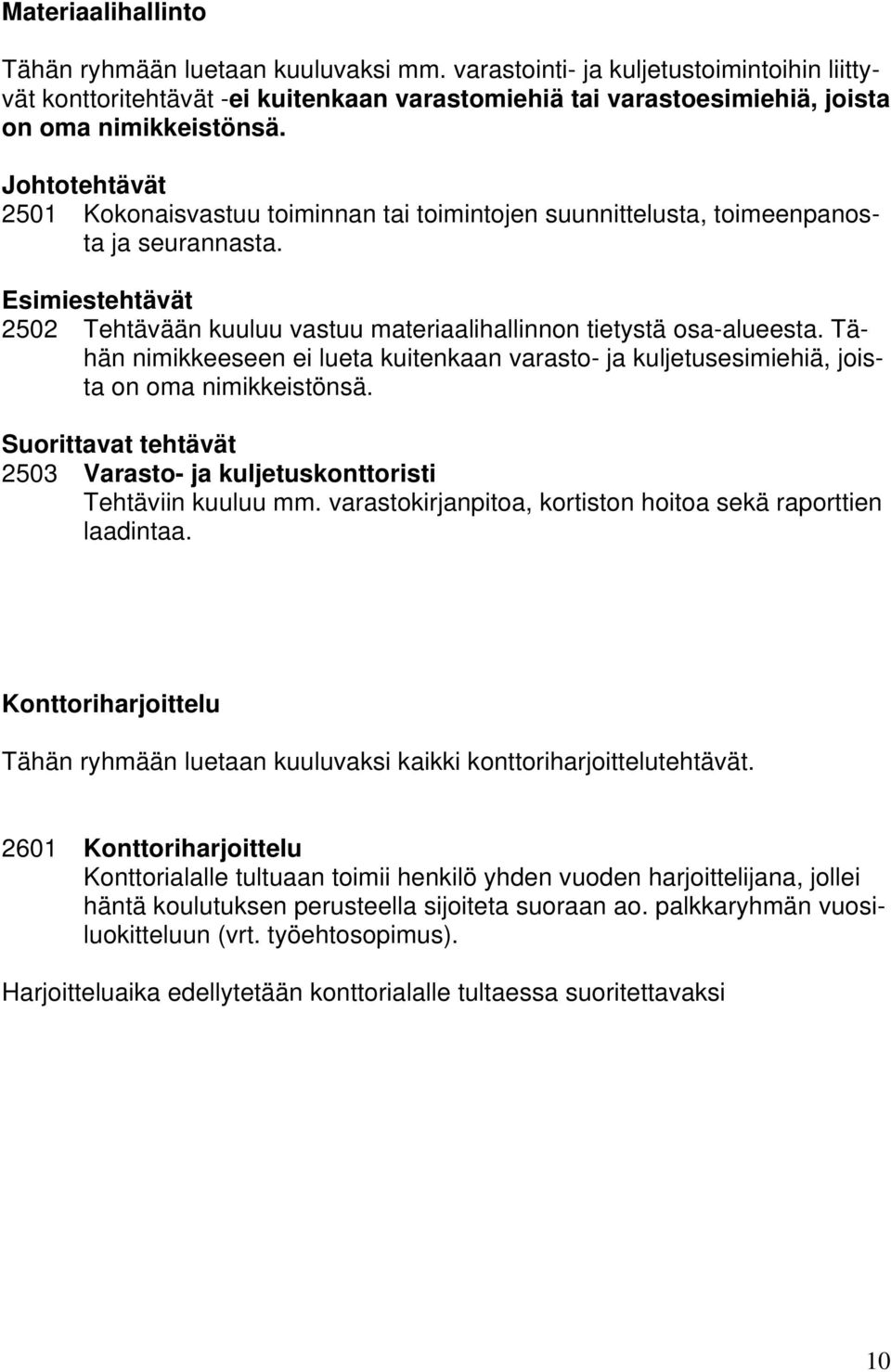 Tähän nimikkeeseen ei lueta kuitenkaan varasto- ja kuljetusesimiehiä, joista on oma nimikkeistönsä. Suorittavat tehtävät 2503 Varasto- ja kuljetuskonttoristi Tehtäviin kuuluu mm.