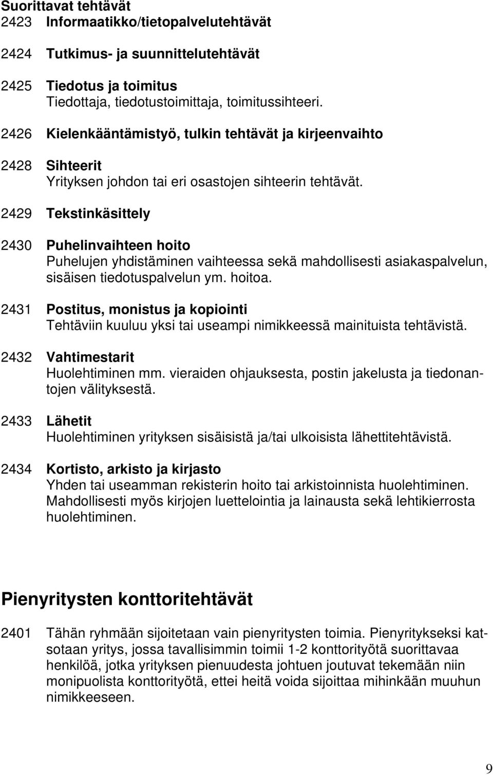 2429 Tekstinkäsittely 2430 Puhelinvaihteen hoito Puhelujen yhdistäminen vaihteessa sekä mahdollisesti asiakaspalvelun, sisäisen tiedotuspalvelun ym. hoitoa.