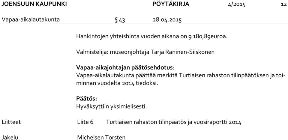 Valmistelija: museonjohtaja Tarja Raninen-Siiskonen Vapaa-aikajohtajan päätösehdotus: Vapaa-aikalautakunta