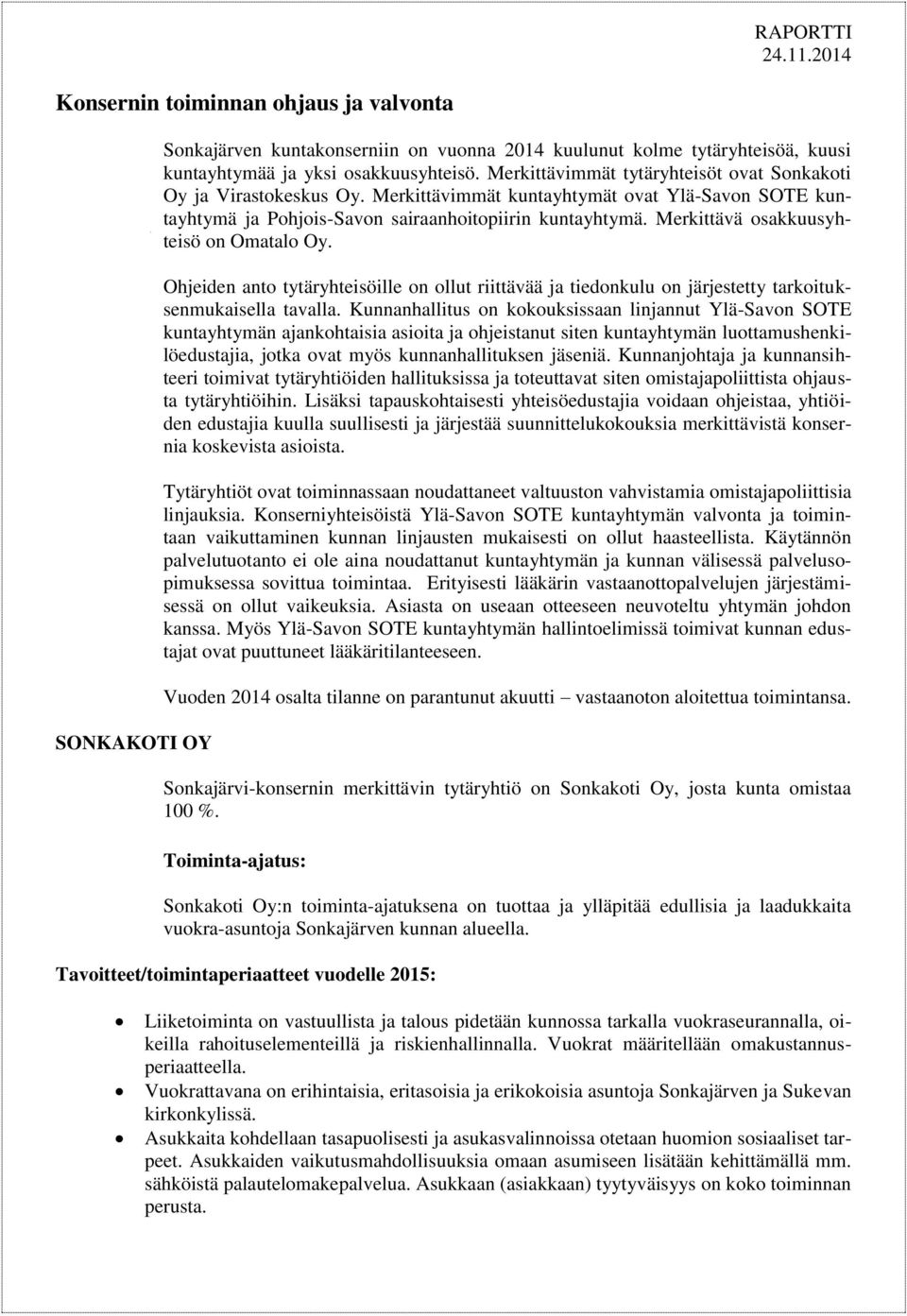 Merkittävä osakkuusyhteisö on Omatalo Oy. Ohjeiden anto tytäryhteisöille on ollut riittävää ja tiedonkulu on järjestetty tarkoituksenmukaisella tavalla.