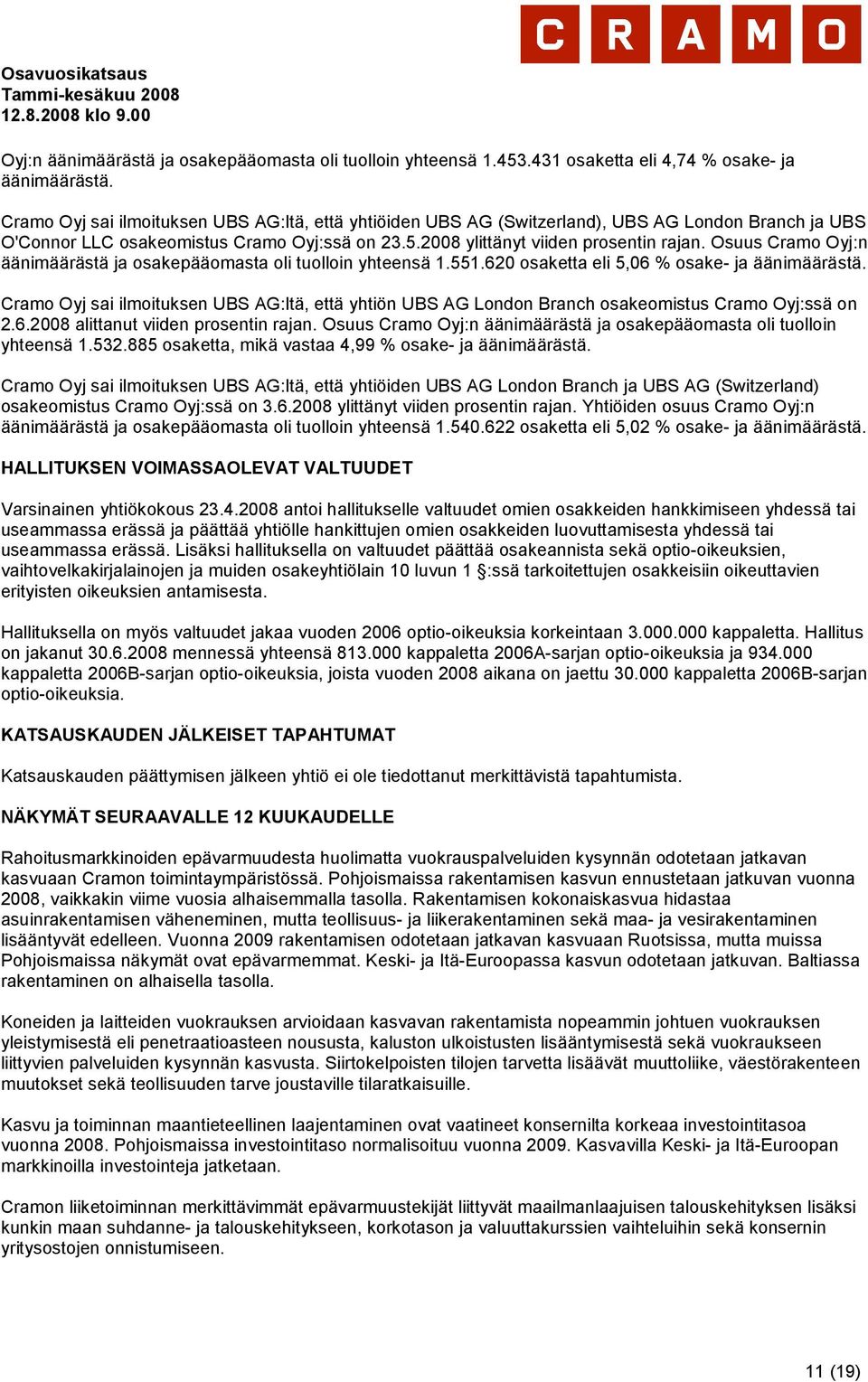 Osuus Cramo Oyj:n äänimäärästä ja osakepääomasta oli tuolloin yhteensä 1.551.620 osaketta eli 5,06 % osake- ja äänimäärästä.
