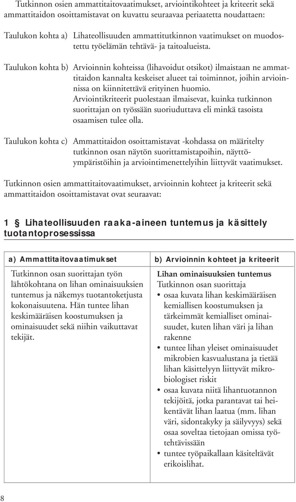 Taulukon kohta b) Arvioinnin kohteissa (lihavoidut otsikot) ilmaistaan ne ammattitaidon kannalta keskeiset alueet tai toiminnot, joihin arvioinnissa on kiinnitettävä erityinen huomio.