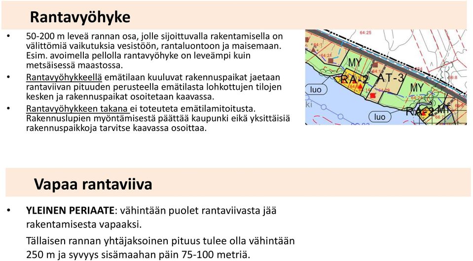 Rantavyöhykkeelläemätilaan kuuluvat rakennuspaikat jaetaan rantaviivan pituuden perusteella emätilasta lohkottujen tilojen kesken ja rakennuspaikat osoitetaan kaavassa.