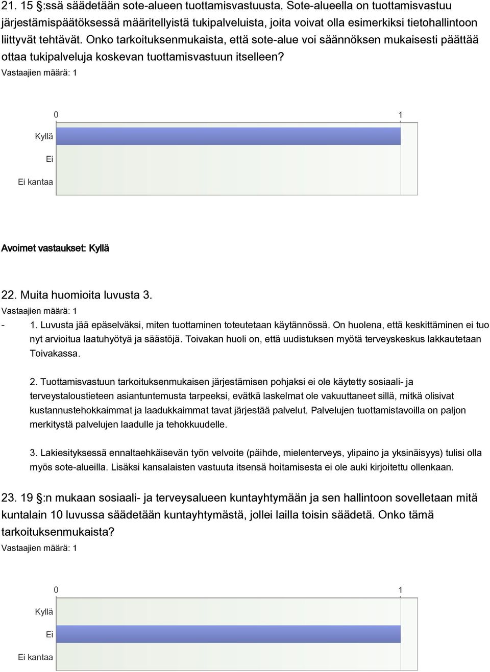 Onko tarkoituksenmukaista, että sote-alue voi säännöksen mukaisesti päättää ottaa tukipalveluja koskevan tuottamisvastuun itselleen? kantaa Avoimet vastaukset: 22. Muita huomioita luvusta 3. - 1.