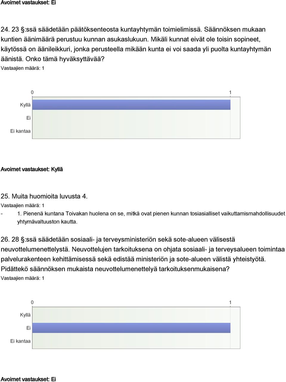 Muita huomioita luvusta 4. - 1. Pienenä kuntana Toivakan huolena on se, mitkä ovat pienen kunnan tosiasialliset vaikuttamismahdollisuudet yhtymävaltuuston kautta. 26.