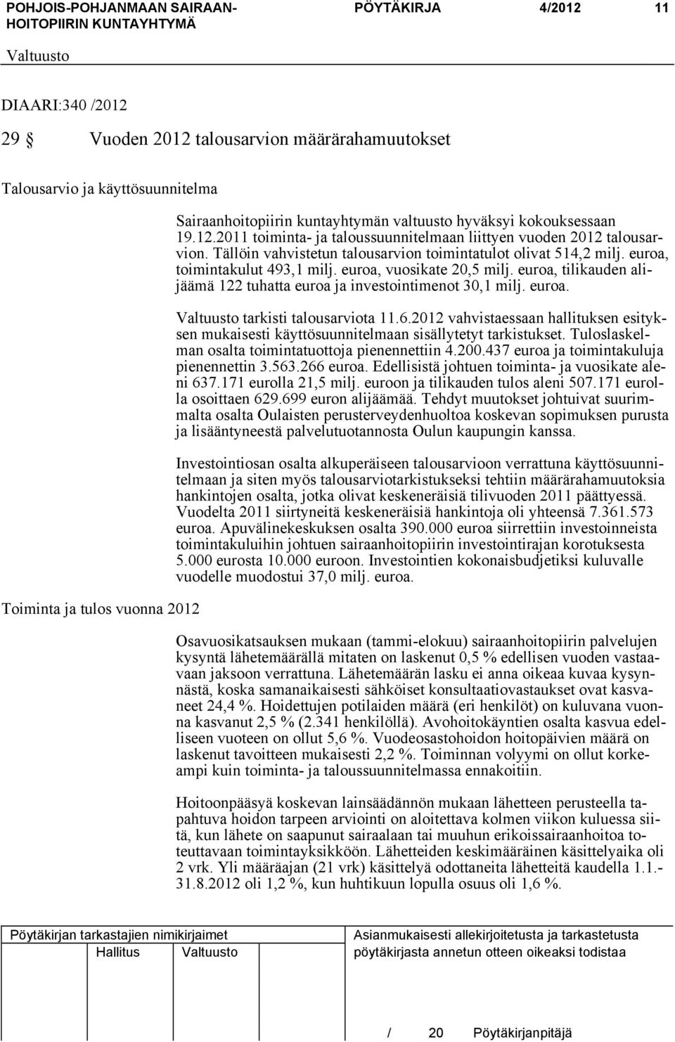 euroa, vuosikate 20,5 milj. euroa, tilikauden alijäämä 122 tuhatta euroa ja investointimenot 30,1 milj. euroa. tarkisti talousarviota 11.6.