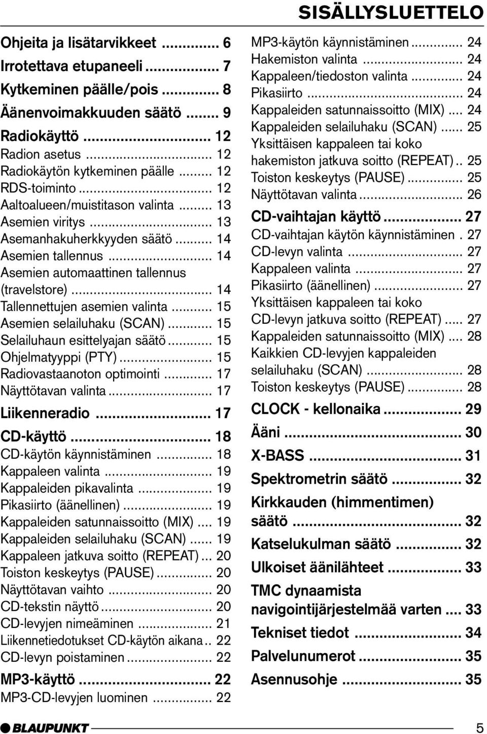 .. 14 Tallennettujen asemien valinta... 15 Asemien selailuhaku (SCAN)... 15 Selailuhaun esittelyajan säätö... 15 Ohjelmatyyppi (PTY)... 15 Radiovastaanoton optimointi... 17 Näyttötavan valinta.