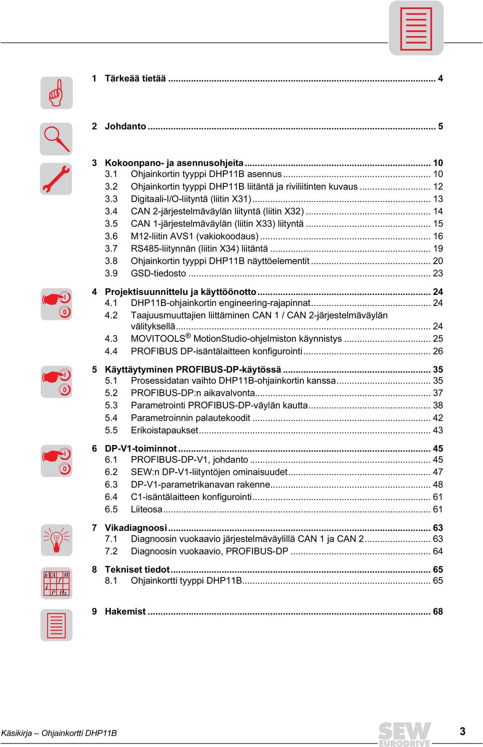 7 RS485-liitynnän (liitin X34) liitäntä... 19 3.8 Ohjainkortin tyyppi DHP11B näyttöelementit... 2 3.9 GSD-tiedosto... 23 4 Projektisuunnittelu ja käyttöönotto... 24 4.