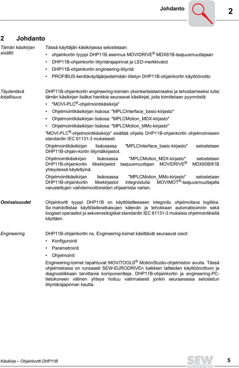 yksinkertaistamiseksi ja tehostamiseksi tulisi tämän käsikirjan lisäksi hankkia seuraavat käsikirjat, joita toimitetaan pyynnöstä: "MOV-PLC -ohjelmointikäsikirja" Ohjelmointikäsikirjan lisäosa: