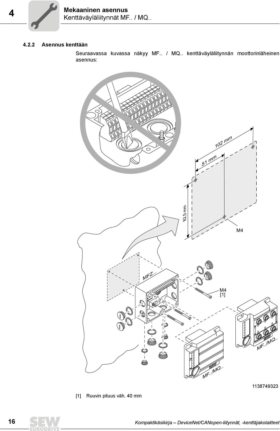 . kenttäväyläliitynnän moottorinläheinen asennus: 102 mm 1 mm 82, mm M MFZ.