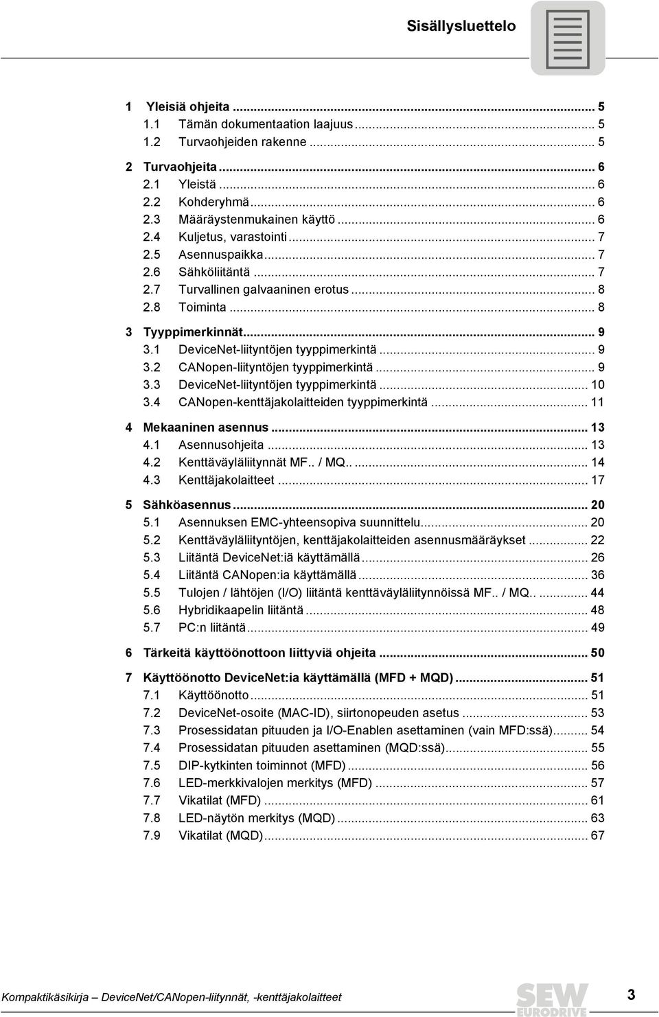 .. 9 3.3 DeviceNet-liityntöjen tyyppimerkintä... 10 3. CANopen-kenttäjakolaitteiden tyyppimerkintä... 11 Mekaaninen asennus... 13.1 Asennusohjeita... 13.2 Kenttäväyläliitynnät MF.. / MQ..... 1.3 Kenttäjakolaitteet.