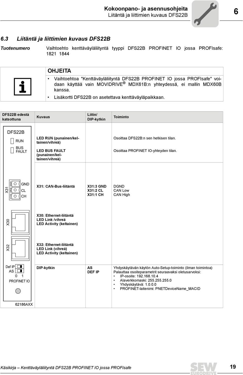 jossa PROFIsafe" voidaan käyttää vain MOVIDRIVE MDX61B:n yhteydessä, ei mallin MDX60B kanssa. Lisäkortti DFS22B on asetettava kenttäväyläpaikkaan.