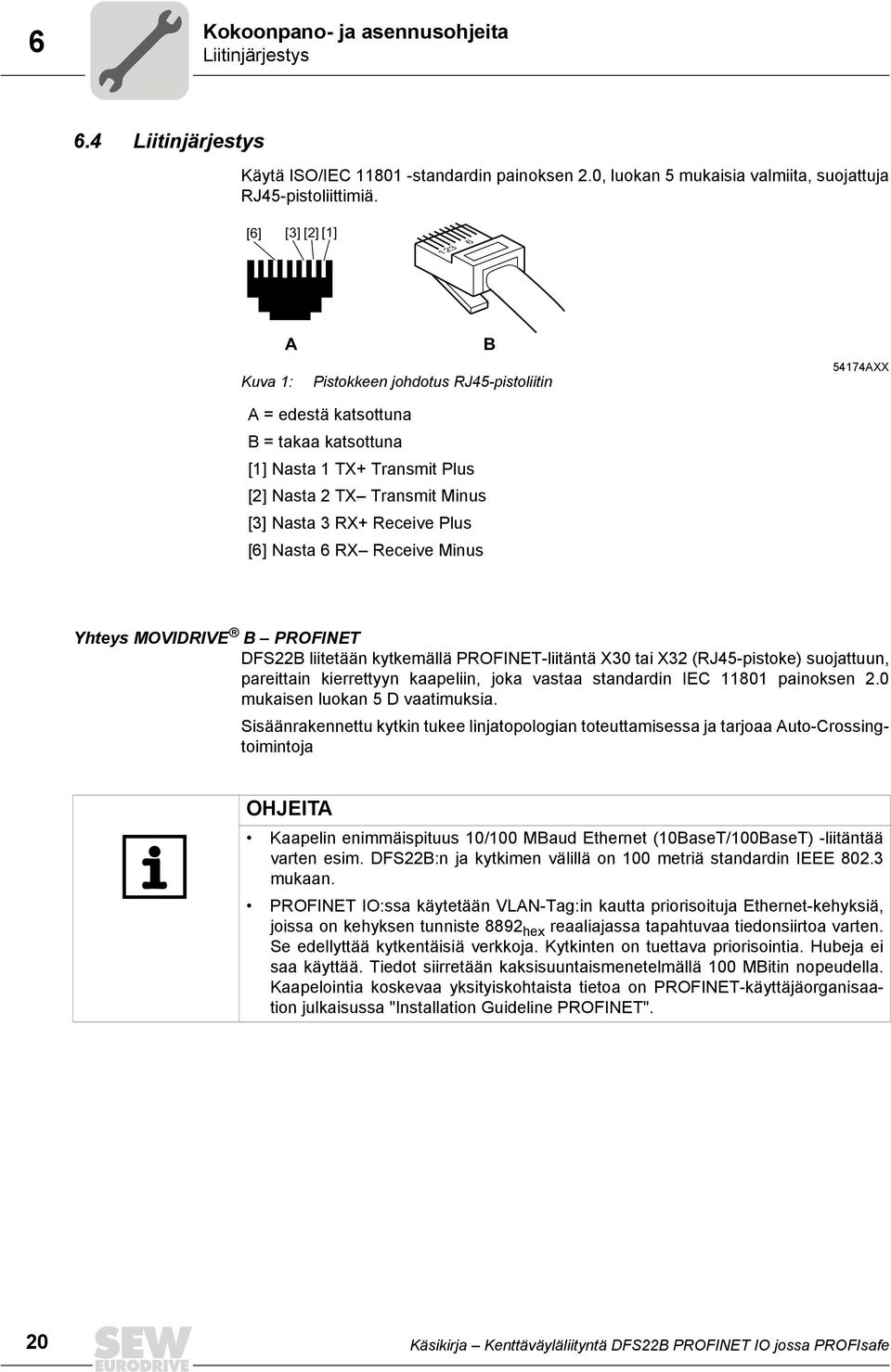 Receive Plus [6] Nasta 6 RX Receive Minus Yhteys MOVIDRIVE B PROFINET DFS22B liitetään kytkemällä PROFINET-liitäntä X30 tai X32 (RJ45-pistoke) suojattuun, pareittain kierrettyyn kaapeliin, joka