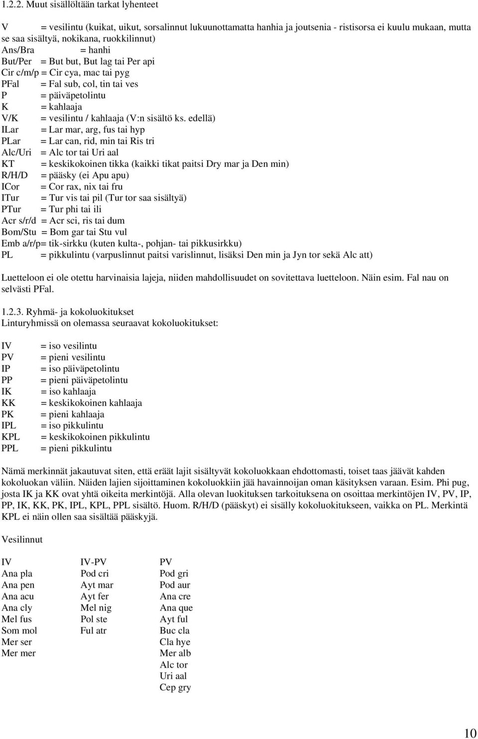 edellä) ILar = Lar mar, arg, fus tai hyp PLar = Lar can, rid, min tai Ris tri Alc/Uri = Alc tor tai Uri aal KT = keskikokoinen tikka (kaikki tikat paitsi Dry mar ja Den min) R/H/D = pääsky (ei Apu