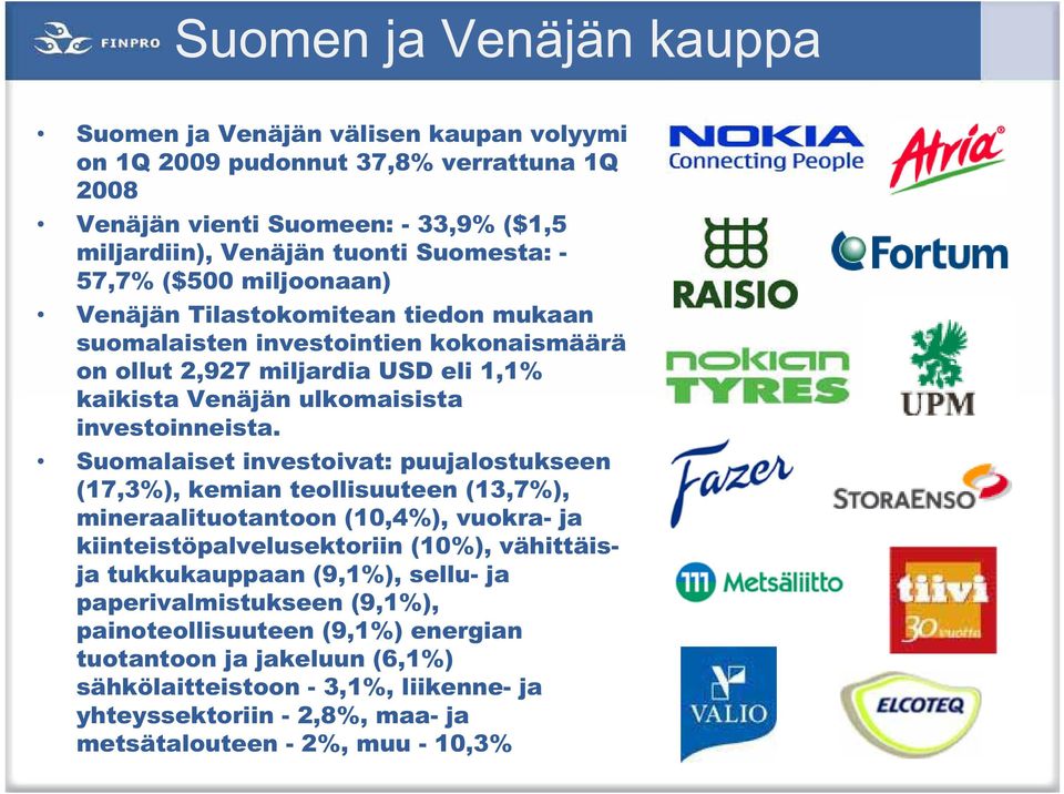 Suomalaiset investoivat: puujalostukseen (17,3%), kemian teollisuuteen (13,7%), mineraalituotantoon (10,4%), vuokra- ja kiinteistöpalvelusektoriin (10%), vähittäisja tukkukauppaan (9,1%),