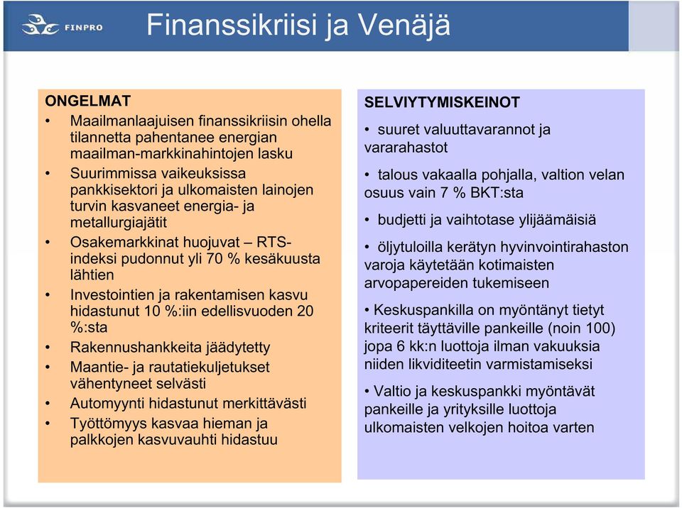 %:sta Rakennushankkeita jäädytetty Maantie- ja rautatiekuljetukset vähentyneet selvästi Automyynti hidastunut merkittävästi Työttömyys kasvaa hieman ja palkkojen kasvuvauhti hidastuu