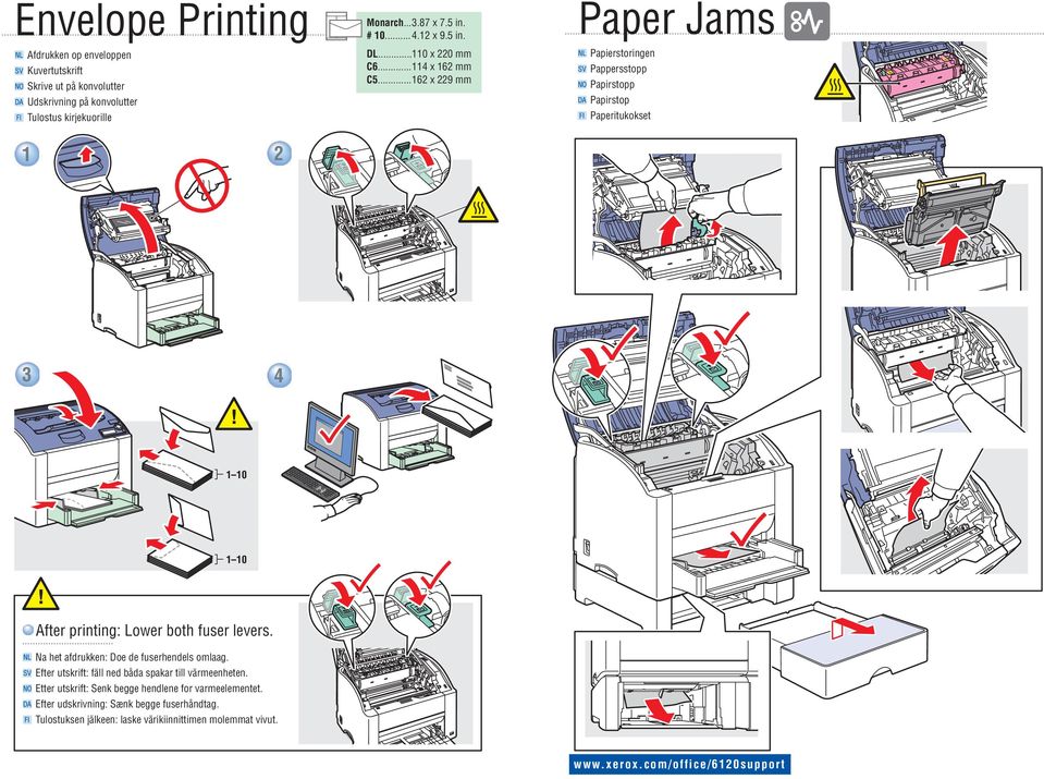 .. 162 x 229 mm Paper Jams Papierstoringen Pappersstopp Papirstopp Papirstop Paperitukokset 1 2 3 4 1 10 1 10 After printing: Lower both fuser levers.