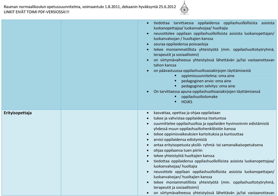 oppilashuoltotyöryhmä, terapeutit ja sosiaalitoimi) on siirtymävaiheessa yhteistyössä lähettävän ja/tai vastaanottavan tahon kanssa on päävastuussa oppilashuoltoasiakirjojen täyttämisestä