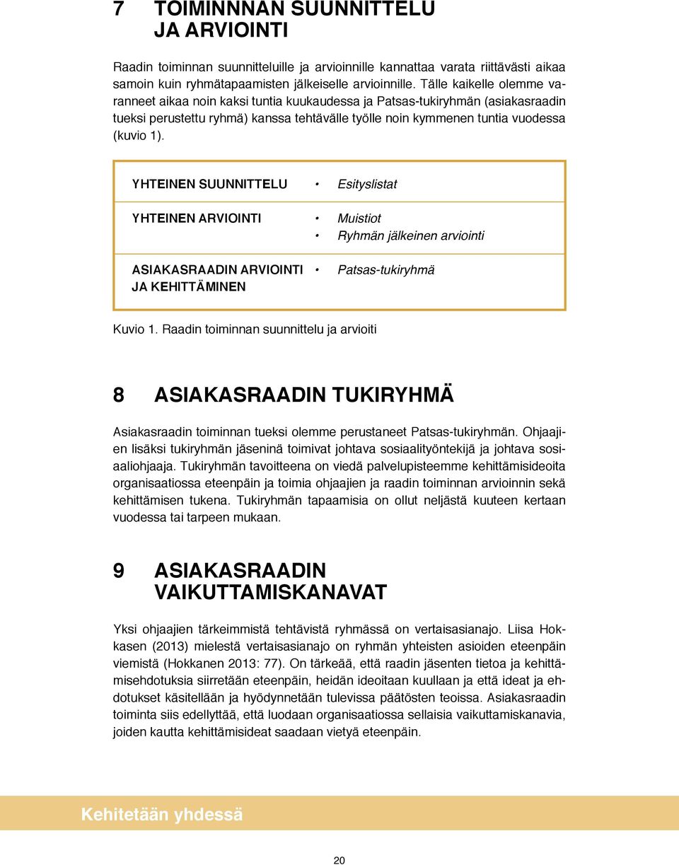 YHTEINEN SUUNNITTELU Esityslistat YHTEINEN ARVIOINTI Muistiot Ryhmän jälkeinen arviointi ASIAKASRAADIN ARVIOINTI Patsas-tukiryhmä JA KEHITTÄMINEN Kuvio 1.