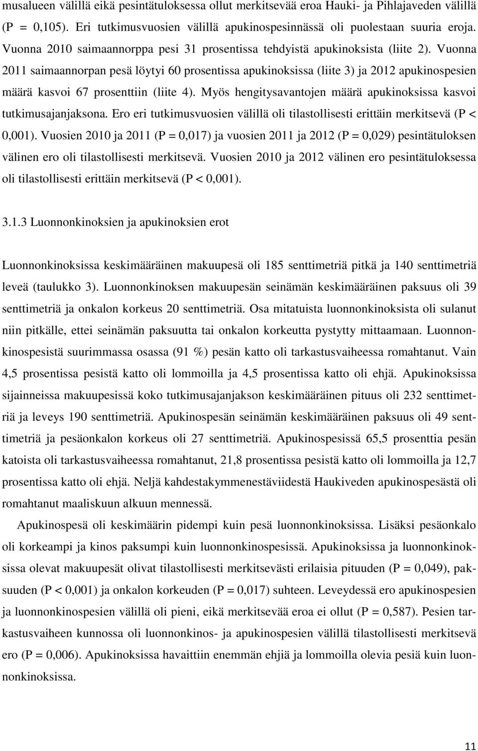 Vuonna 2011 saimaannorpan pesä löytyi 60 prosentissa apukinoksissa (liite 3) ja 2012 apukinospesien määrä kasvoi 67 prosenttiin (liite 4).