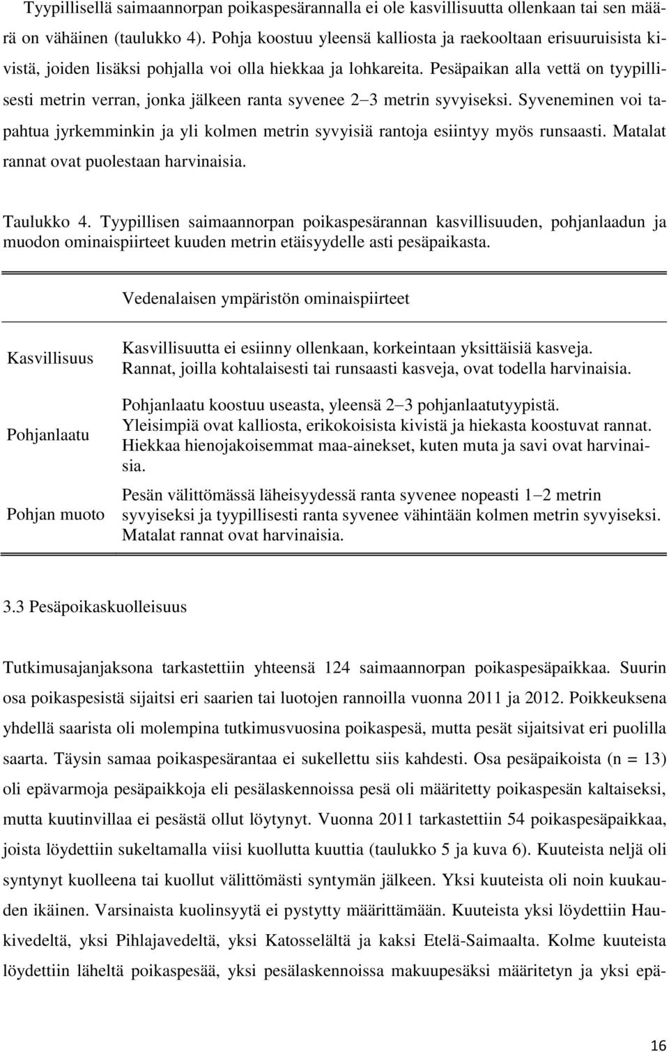 Pesäpaikan alla vettä on tyypillisesti metrin verran, jonka jälkeen ranta syvenee 2 3 metrin syvyiseksi.