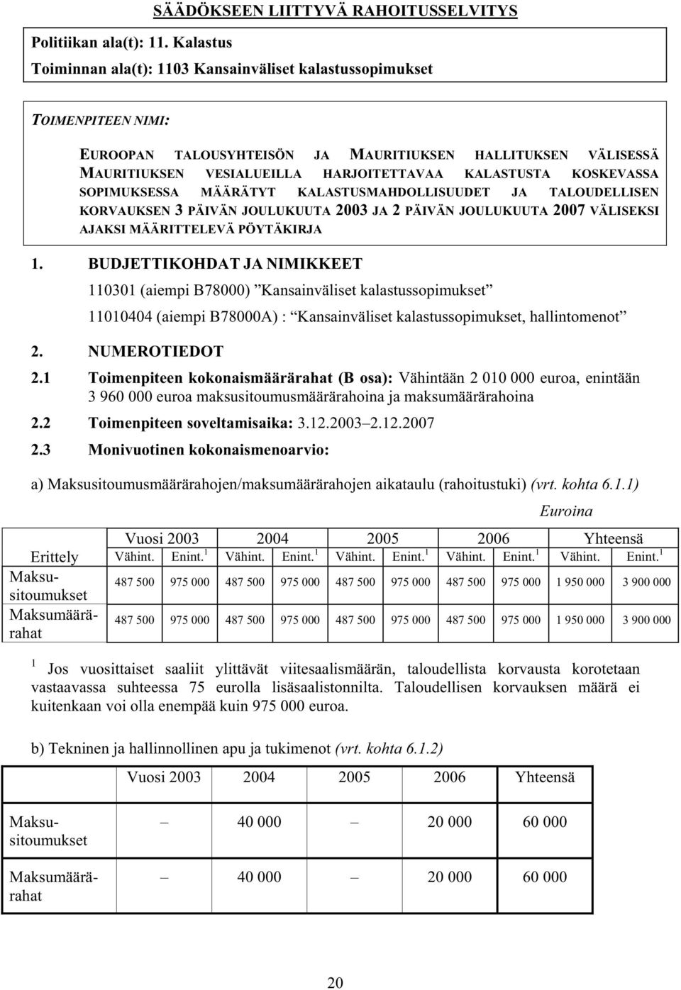 KOSKEVASSA SOPIMUKSESSA MÄÄRÄTYT KALASTUSMAHDOLLISUUDET JA TALOUDELLISEN KORVAUKSEN 3 PÄIVÄN JOULUKUUTA 2003 JA 2 PÄIVÄN JOULUKUUTA 2007 VÄLISEKSI AJAKSI MÄÄRITTELEVÄ PÖYTÄKIRJA 1.