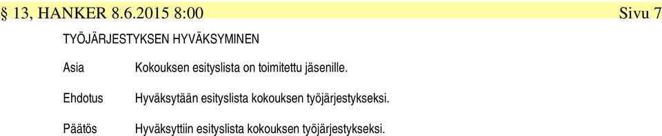 Päätös Kokouksen esityslista on toimitettu jäsenille.