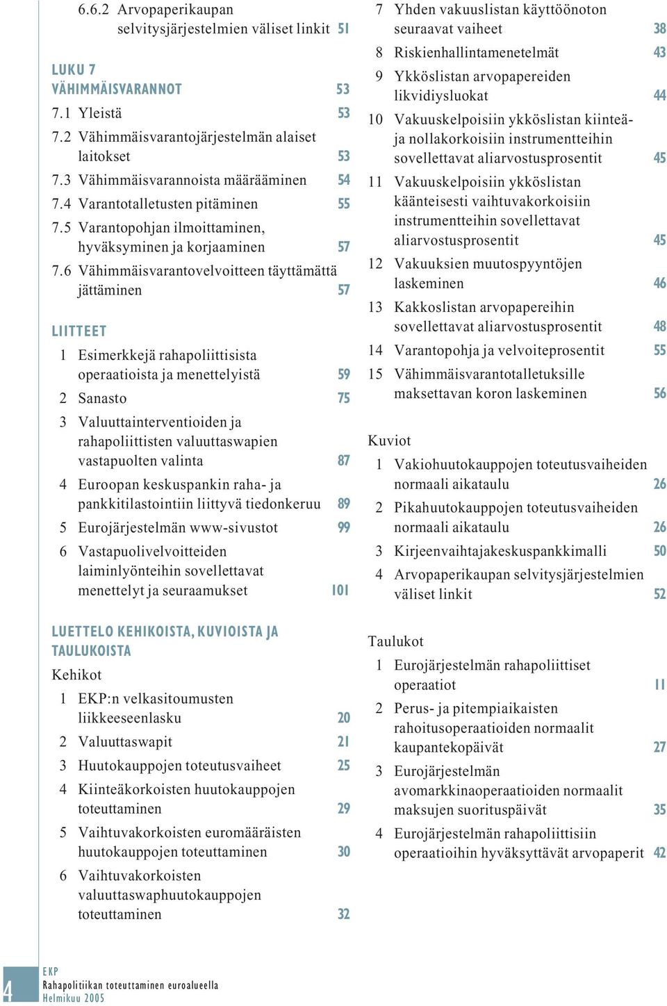 6 Vähimmäisvarantovelvoitteen täyttämättä jättäminen 57 LIITTEET 01 Esimerkkejä rahapoliittisista operaatioista ja menettelyistä 59 02 Sanasto 75 03 Valuuttainterventioiden ja rahapoliittisten