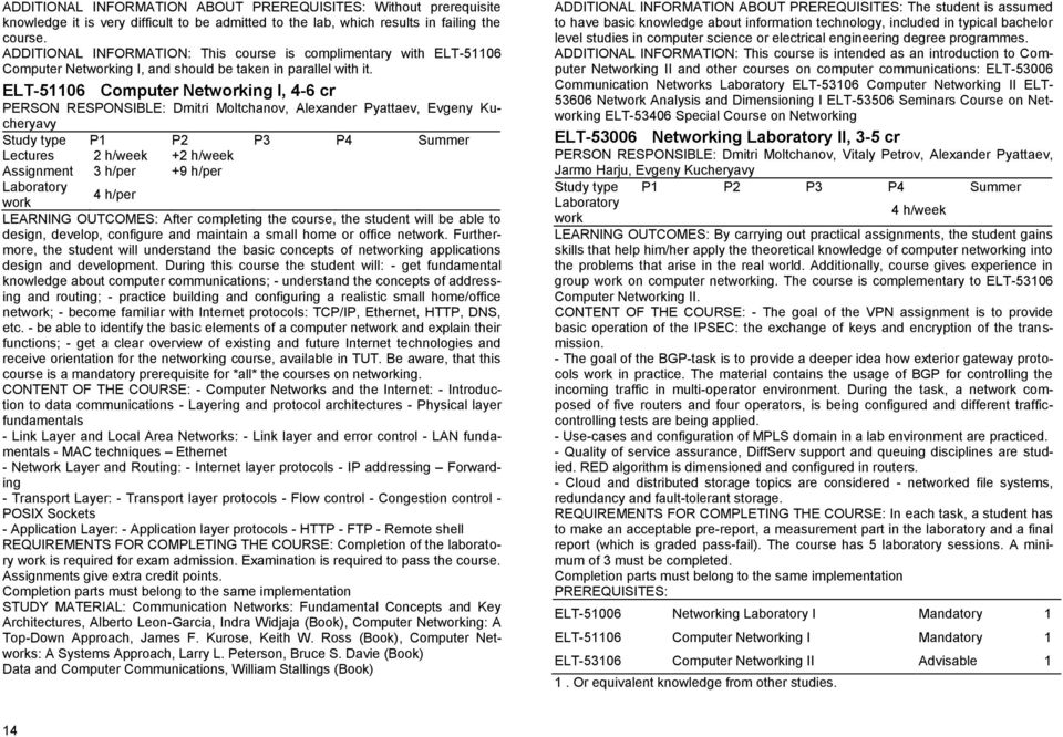 ELT-51106 Computer Networking I, 4-6 cr PERSON RESPONSIBLE: Dmitri Moltchanov, Alexander Pyattaev, Evgeny Kucheryavy Lectures 2 h/week +2 h/week Assignment 3 h/per +9 h/per Laboratory 4 h/per work