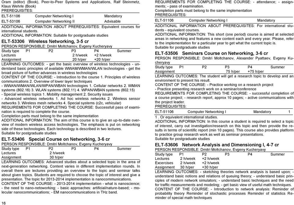 ELT-53306 Wireless Networking, 3-5 cr PERSON RESPONSIBLE: Dmitri Moltchanov, Evgeny Kucheryavy Lectures 2 h/week +2 h/week Assignment 20 h/per +20 h/per LEARNING OUTCOMES: - get the basic overview of