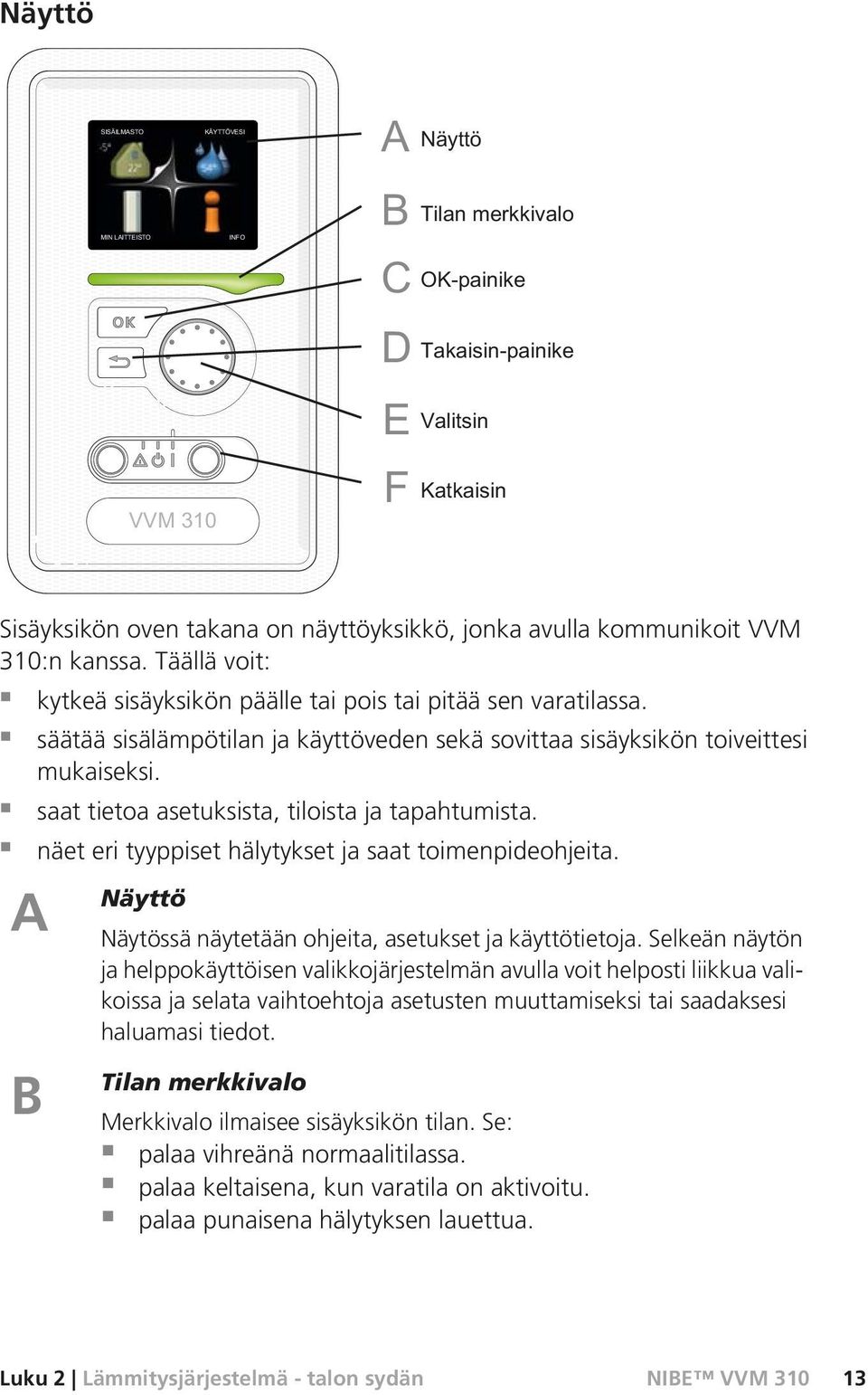 A B Näyttö Näytössä näytetään ohjeita, asetukset ja käyttötietoja.