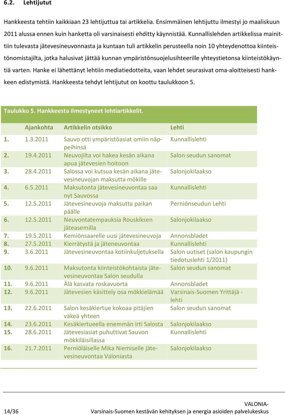 ympäristönsuojelusihteerille yhteystietonsa kiinteistökäyntiä varten. Hanke ei lähettänyt lehtiin mediatiedotteita, vaan lehdet seurasivat oma-aloitteisesti hankkeen edistymistä.