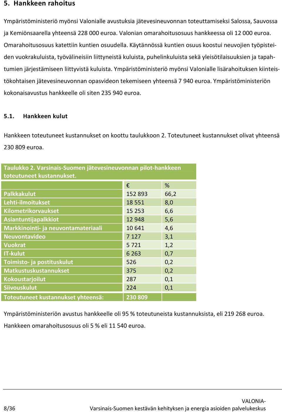 Käytännössä kuntien osuus koostui neuvojien työpisteiden vuokrakuluista, työvälineisiin liittyneistä kuluista, puhelinkuluista sekä yleisötilaisuuksien ja tapahtumien järjestämiseen liittyvistä