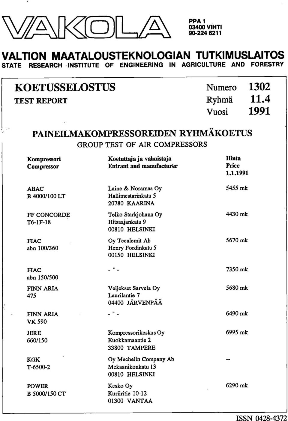 91 PAINEILMAKO1VIPRESSOREIDEN RYHMÄKOETUS GROUP TEST OF AIR COMPRESSORS Kompressmi Koetuttaja ja valmistaja Hinta Compressor Entrant and manufacturer Price 1.1.1991 ABAC Laine & Noramaa Oy 5455 mk B