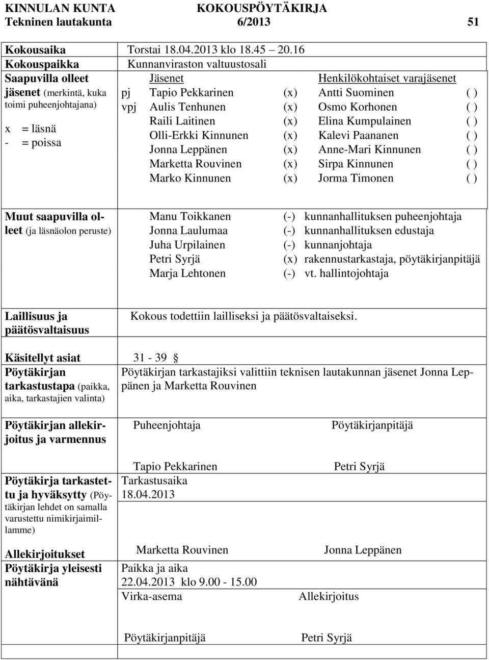 Suominen ( ) vpj Aulis Tenhunen (x) Osmo Korhonen ( ) Raili Laitinen (x) Elina Kumpulainen ( ) Olli-Erkki Kinnunen (x) Kalevi Paananen ( ) Jonna Leppänen (x) Anne-Mari Kinnunen ( ) Marketta Rouvinen