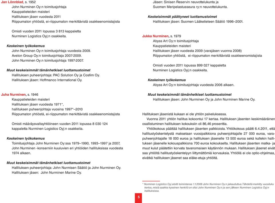 neuvottelukunta ja Suomen Meripelastusseura ry:n neuvottelukunta. Keskeisimmät päättyneet luottamustoimet Hallituksen jäsen: Suomen Lääketieteen Säätiö 1996 2001.