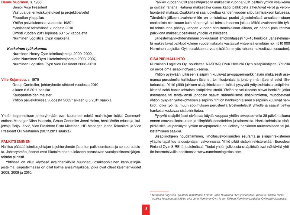 63 157 kappaletta Nurminen Heavy Oy:n toimitusjohtaja 2000 2002, John Nurminen Oy:n liiketoimintajohtaja 2003 2007, Nurminen Logistics Oyj:n Vice President 2008 2010. Ville Kujansuu, s.