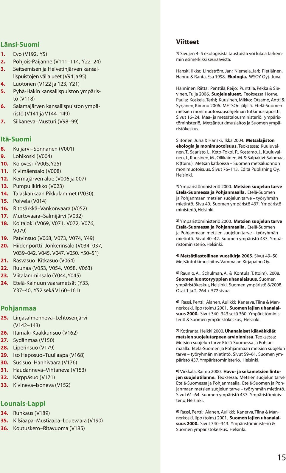 Kolovesi (V005, Y25) 11. Kivimäensalo (V008) 12. Kermajärven alue (V006 ja 007) 13. Pumpulikirkko (V023) 14. Talaskankaan Pikkulammet (V030) 15. Polvela (V014) 16. Ritosärkkä Vankonvaara (V052) 17.