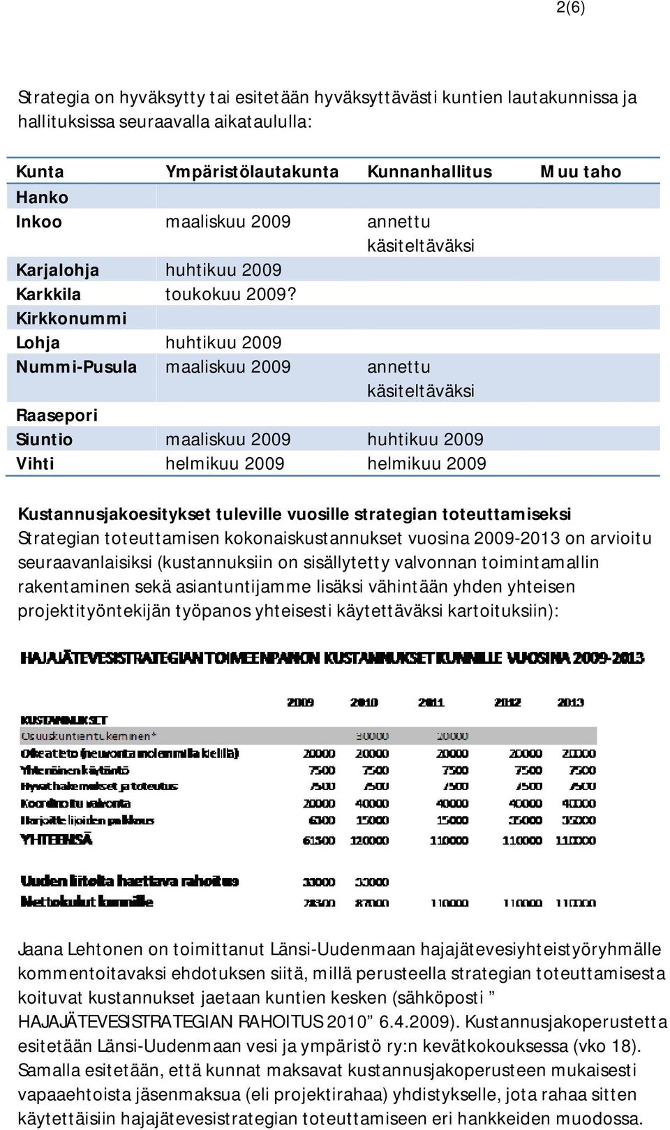 Kirkkonummi Lohja huhtikuu 2009 Nummi-Pusula maaliskuu 2009 annettu käsiteltäväksi Raasepori Siuntio maaliskuu 2009 huhtikuu 2009 Vihti helmikuu 2009 helmikuu 2009 Kustannusjakoesitykset tuleville